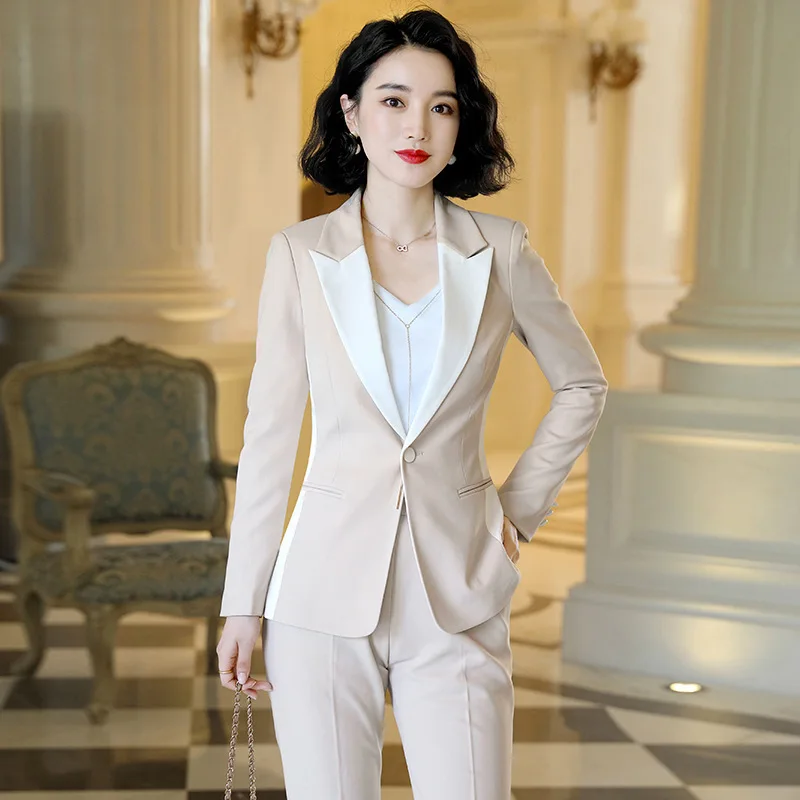 IZICFLY Spring Fall Patchwork Fashion Uniforms Business Suits with Trousers Slim Office Suit Women Blazer Set Work Wear 2 Piece