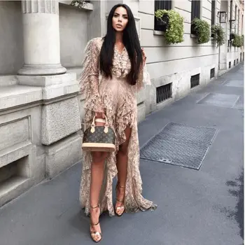 

Yesexy 2020 Sexy Deep V Neck Ruffles Long Sleeve Female Overalls Elegant High Split See Through Rompers Women Jumpsuit VR9561