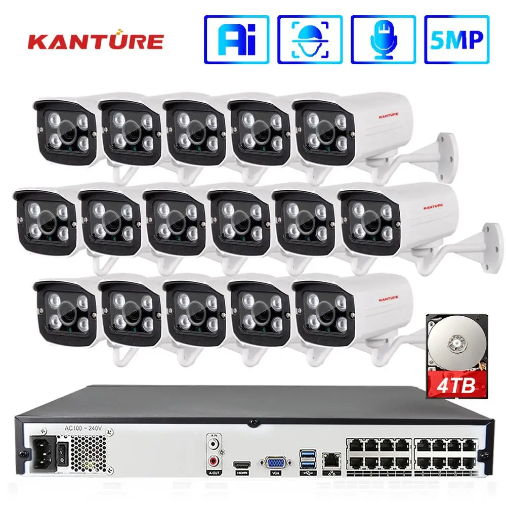 Комплект камер видеонаблюдения KANTURE H.265 + 16 каналов POE NVR 5 МП IP-камеры с аудио