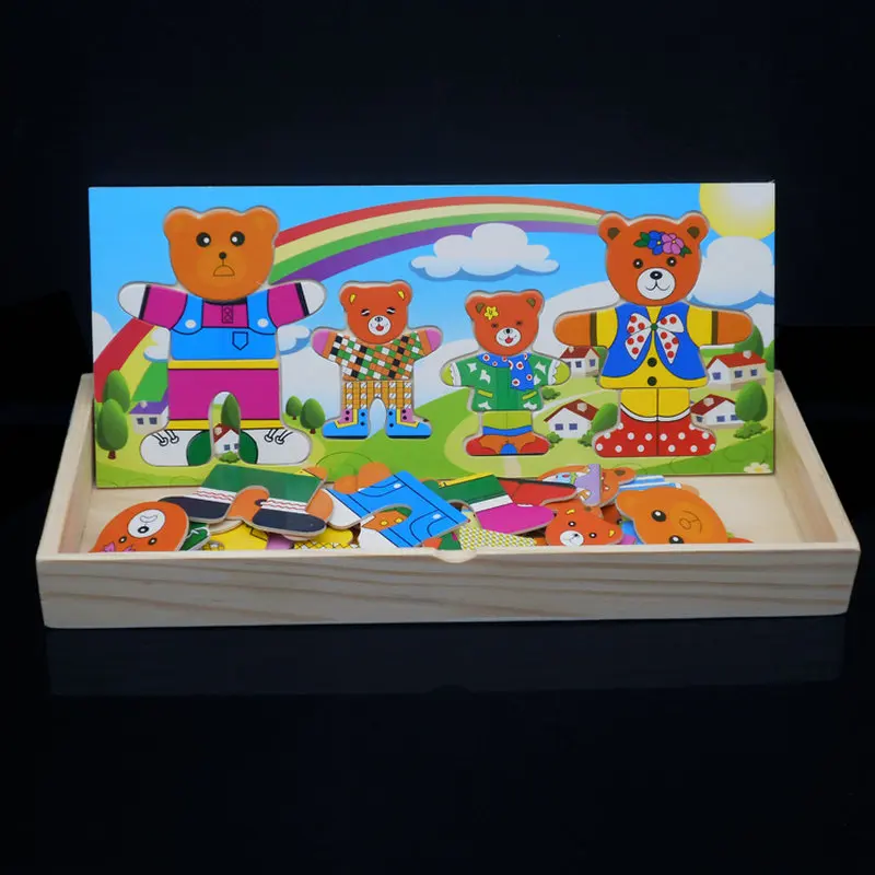 Бесплатная доставка 4 шт. дерево медведь переодеться головоломки детские игрушки, деревянные головоломки Развивающие игрушки, платье