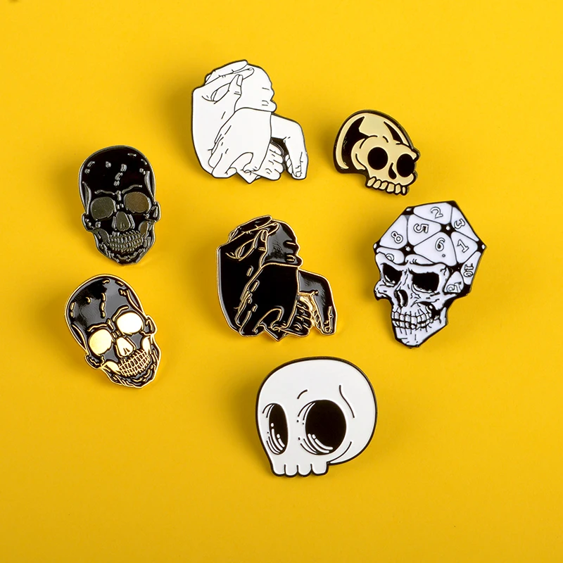 

Punk skull pin Creative hand skeleton Weird smile badges enamel pins brooches Dice bone Shirt bag Lapel pins Horror jewelry gift