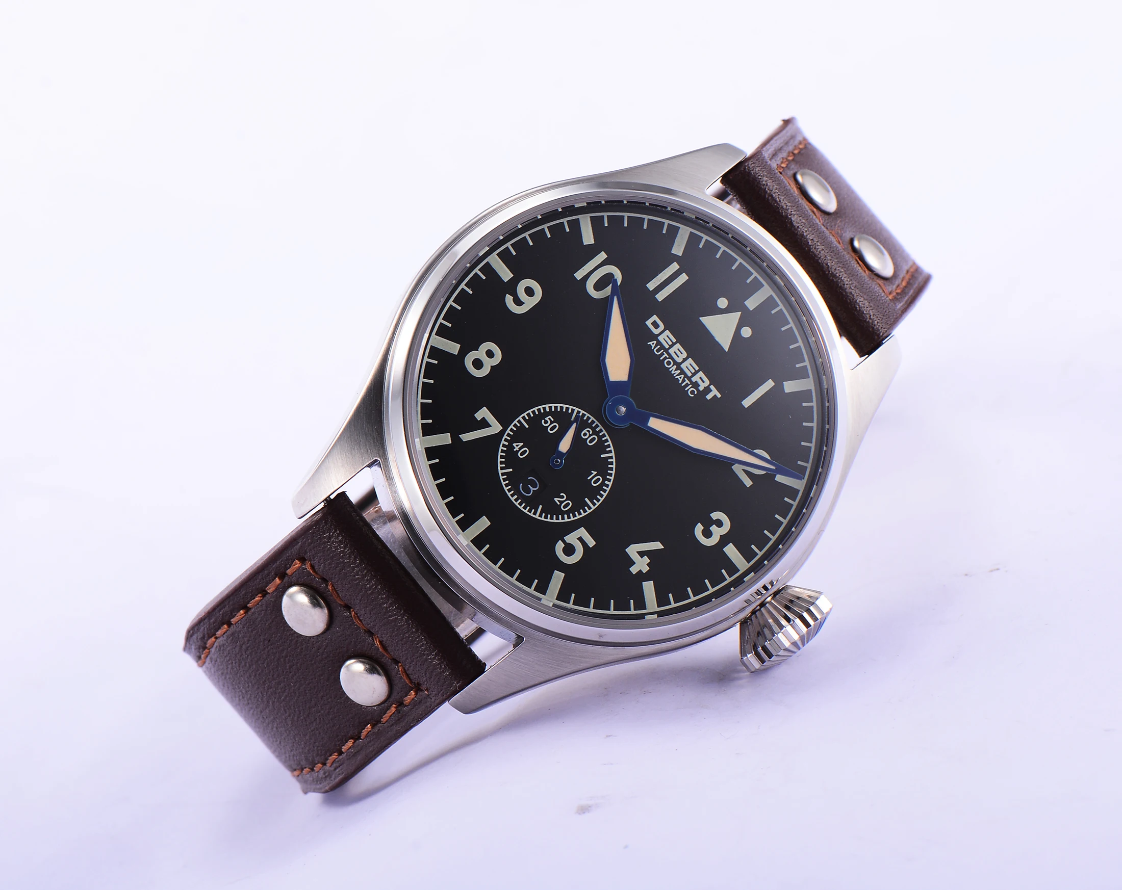 

42mm DEBERT Black Dial Sapphire glass relogio masculino Brown Rivets Leather Strap Mens Automatic Watch mechanical wristwatches