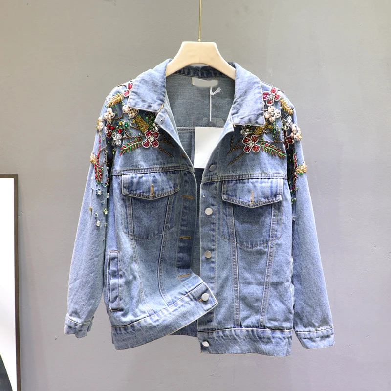 

2020Spring Autumn Heavy Embroidery Beads Blue Denim Jacket Female Cropped Jacket Ladies High Street Jean Jacket Denim Coat Femme