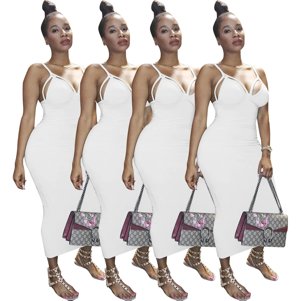Summer 2019 Hot Sexy Night Club Fashion Ladies Women Compression Dress Solid Sleeveless V-neck Maxi Vestido | Тематическая одежда