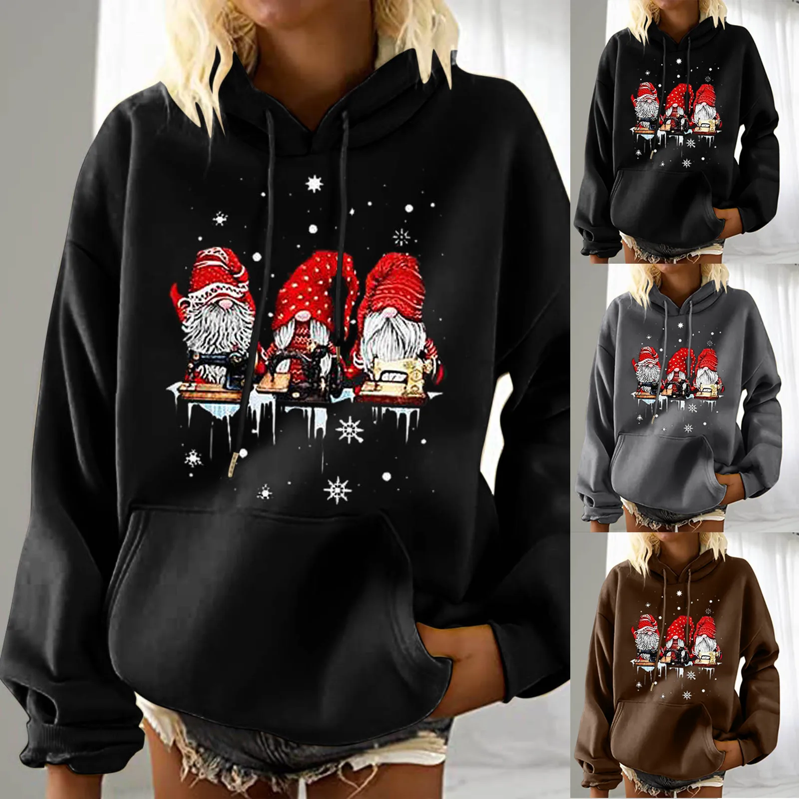 Women Hoodies Sweatshirt Cartoon Santa Claus Print Plus Size Pullover Autumn Casual Female Hooded Top Sudaderas Con Capucha 2