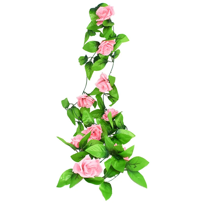 Artificial Roses Flowers Rattan String Vine With Green Leaves