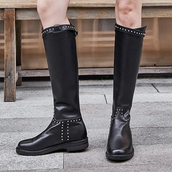 

Women knee high boots Fashion Round Toelow Square Heels Genuine Leather Shoes Woman 2020 Party casual Shoes