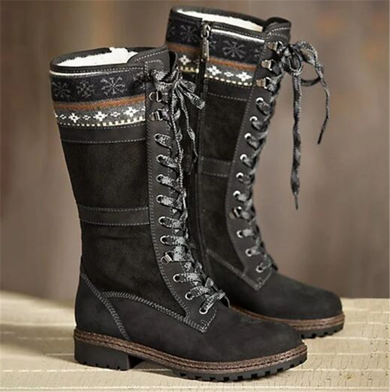 ENPLEI New Winter Knee Boots Women Sexy Lace Up Zipper Long Boots Fashion Low Heel Booties Shoes Size 34-43