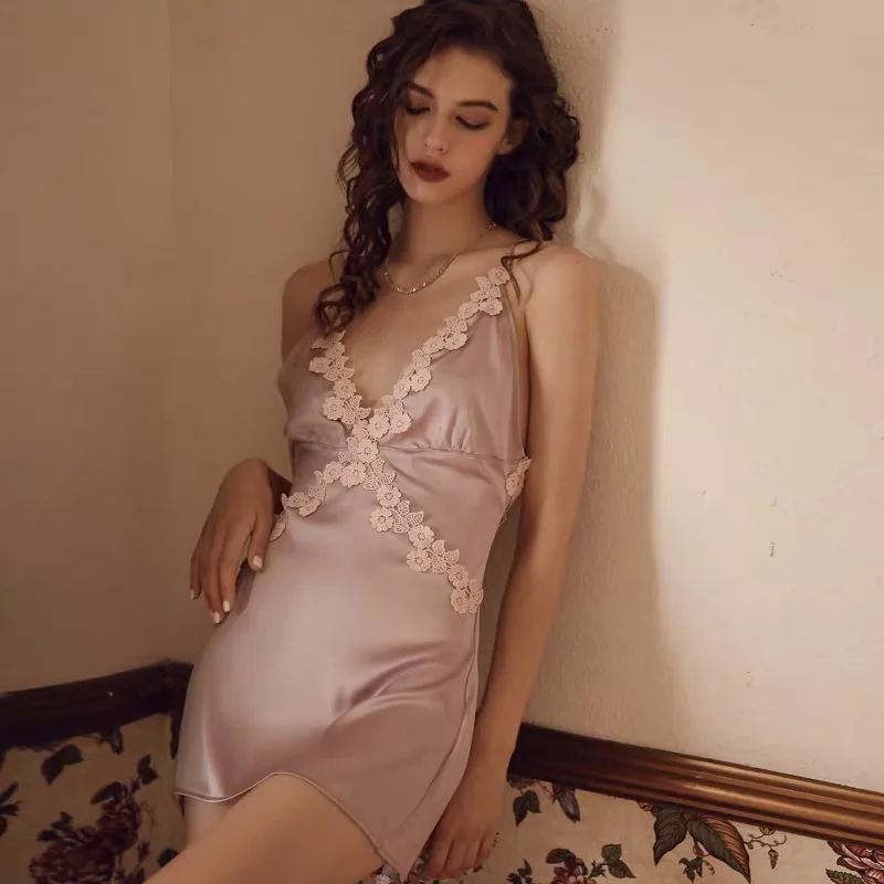 Munllure Sexy suspender spring thin section ice silk nightdress home service lace straps beautiful back temptation | Женская одежда