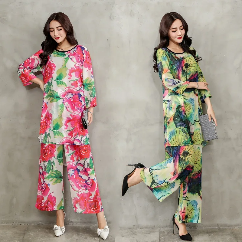 

Spring Retro Artistic Printed Ninth Sleeve Shirt + Capri Pants Large Size Casual WOMEN'S Suit