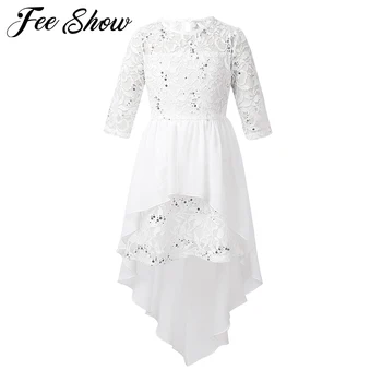 

Children Kids 3/4 Sleeves Round Neck Sequined Lace Dress with High-Low Hem Maxi Overlay for Party Casual Summer Dress for Girls