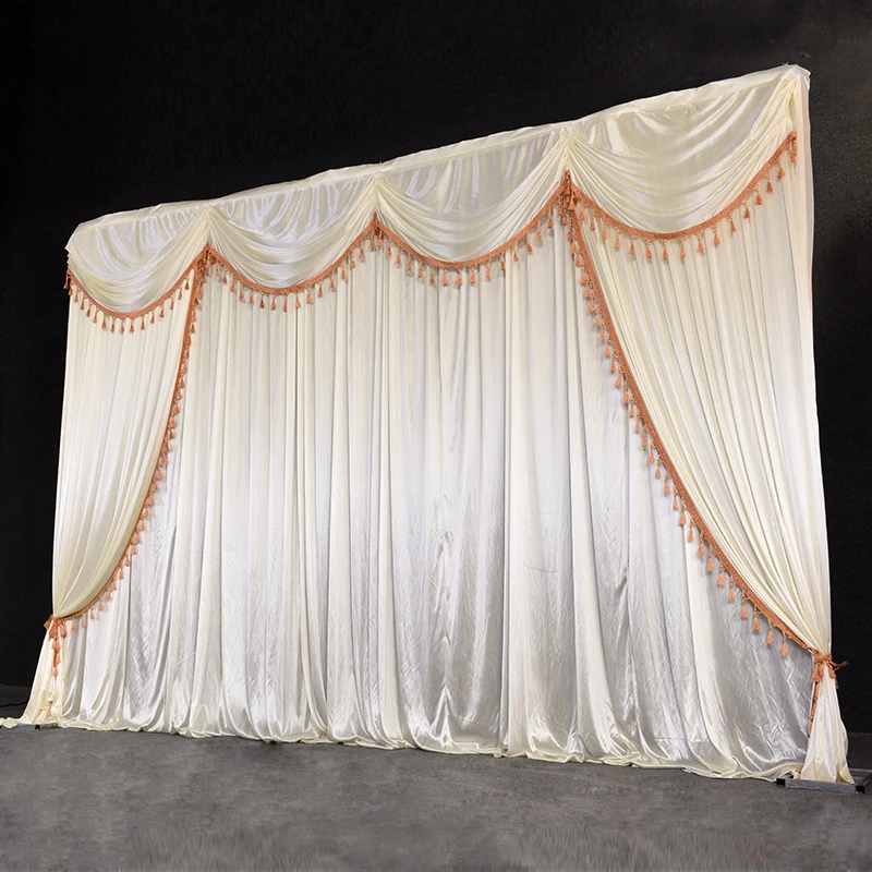 

Ice silk chiffon fabric wedding backdrop with swags and tassel drape curtain for wedding stage event party birthday decoration