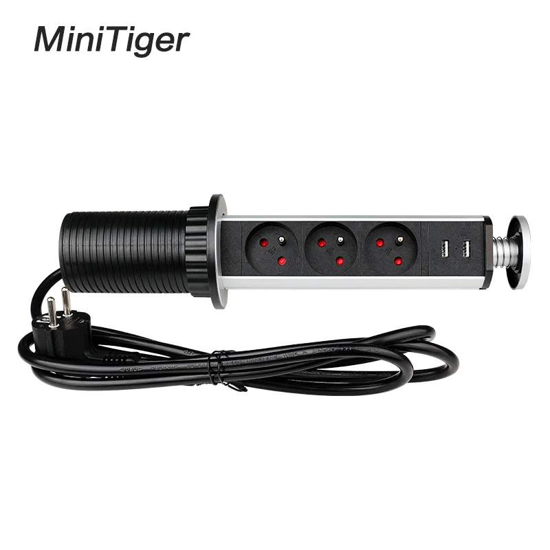 Minitiger French 16A PULL POP UP 3 Power Socket 2 USB Charging Port Kitchen Table Desktop Sockets Retractable Countertops