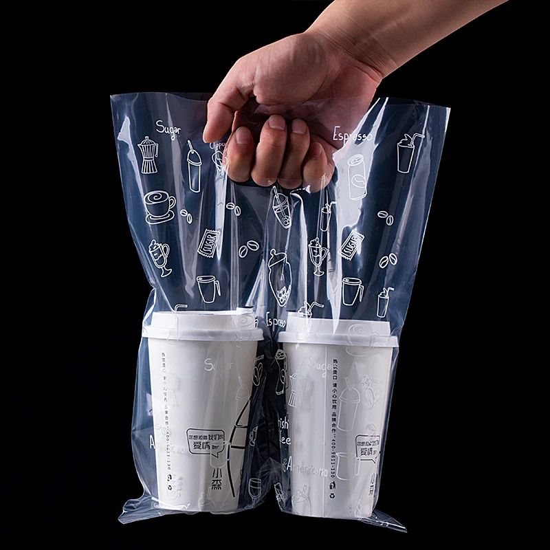 100 PCS Take-Out Bags Cups Carrier Clear Handle Drink Carrier Drinking Plastic Packaging Bags Portable Transparent Beverage Containers Hanging Hole L - View #3