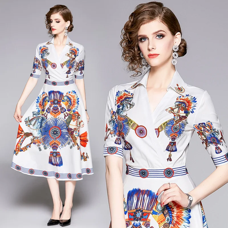

5837-Europe And America WOMEN'S Dress Cool V-neck Short Sleeve Waist Hugging Fashion Printed A- line Dress