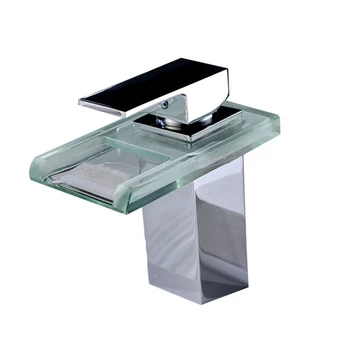 

LED Basin Faucet Brass Waterfall Temperature Colors Change Bathroom Mixer Tap Deck Mounted Wash Sink Glass Taps