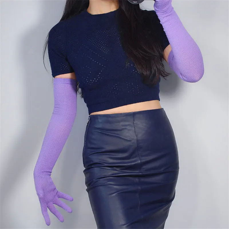 Модные женские длинные шерстяные перчатки 55 см Вязание пять пальцев высокие эластичные шерстяные небесно-голубые ZZ55-1