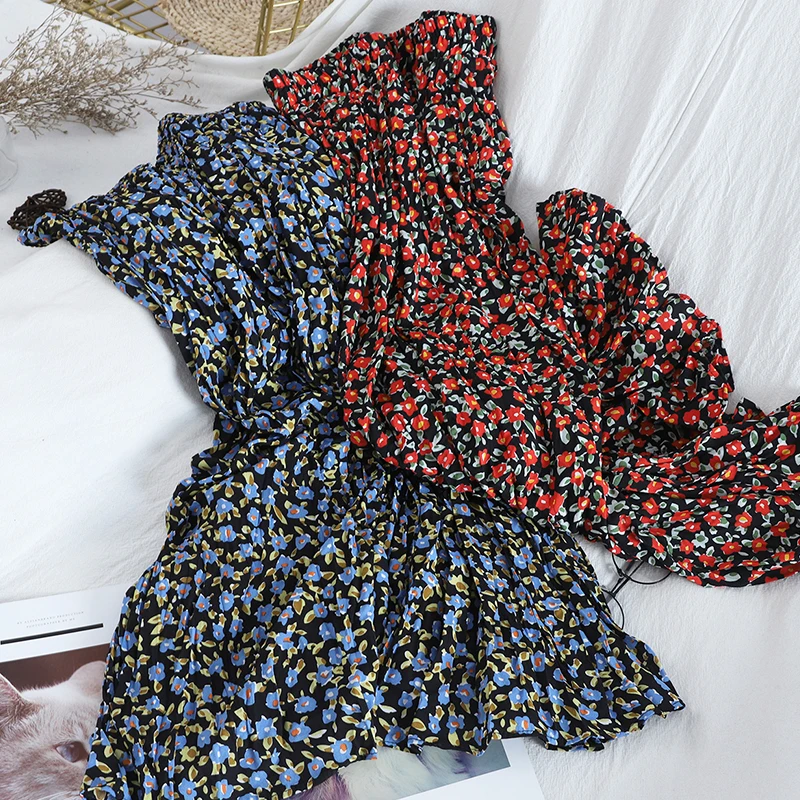 

Spring Korean Sweet Elastic High Waist Floral Skirt Women Literary Fresh Retro Pleated Skirt Causal Student Skirt Summer