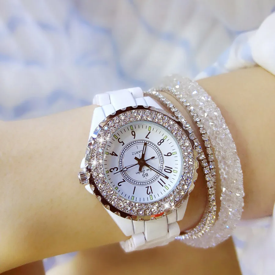Женские часы с кристаллами, женские кварцевые часы, брендовые бриллиантовые Наручные часы для женщин, стразы, Классические керамические часы, водонепроницаемые часы - Цвет: White