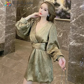 

EDGLuLu fall 2019 sexy club deep v-neck lantern sleeve gold dress vintage chic sexy loose mini dresses woman party night