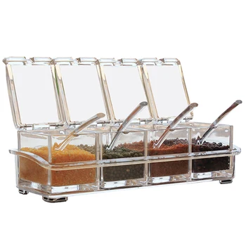

4 Grid Kitchen Seasoning Box Set Crystal Transparent Seasoning Jar Salt Sugar Creative Seasoning Spoon Box Kitchen Gadget