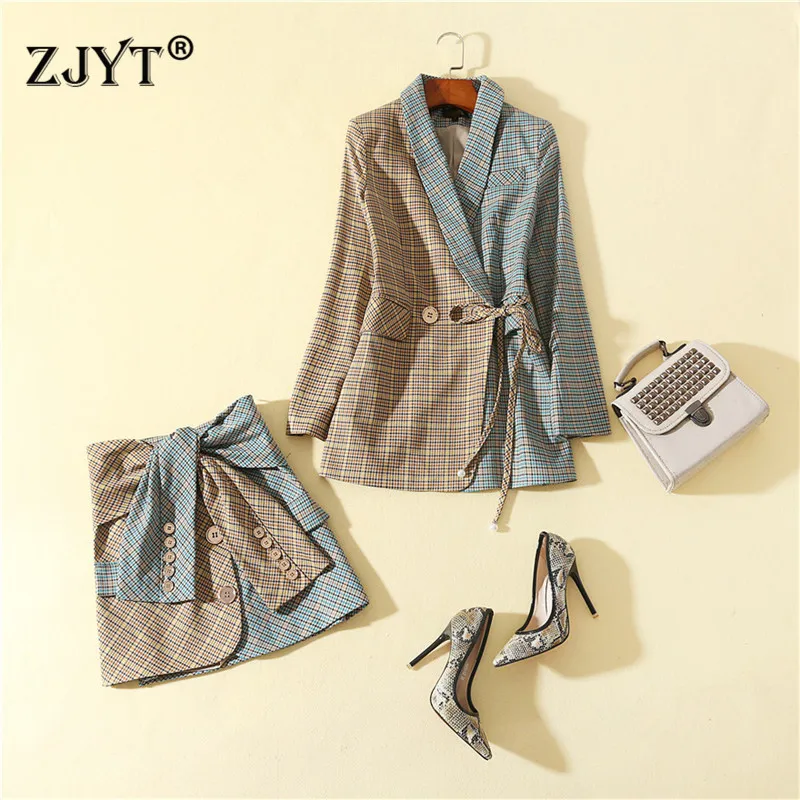 

Autumn Women Suit 2019 New Designer Hit Color Patchwork Plaid Blazer Coat Mini Skirt Two Piece Set Female Vintage Party Outfits