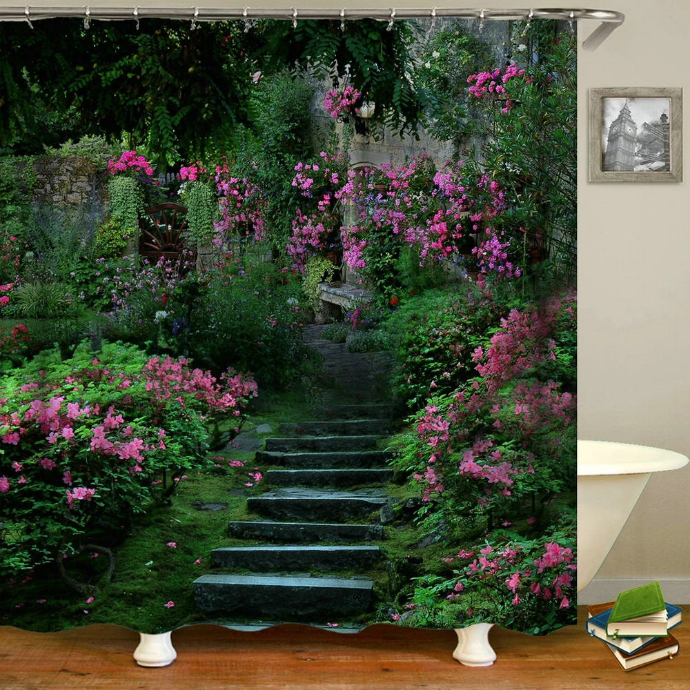 Rural Idyllic Flowers European Garden Shower Curtain Bathroom Waterproof 3d Printed Bath Curtains with 10 Hooks Polyester Cloth - Image 4