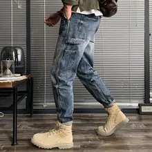 

Fall/Winter Washed Cargo Jeans Men Loose Jeans Large Size Japanese Stitching Feet Harem Trendy Straight Pants Vintage Jeans Men
