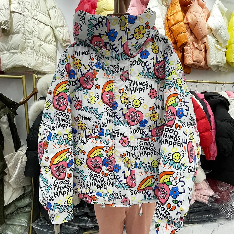 Candy rainbow short down jacket women's 21 winter new thickened white duck hooded design bread | Женская одежда