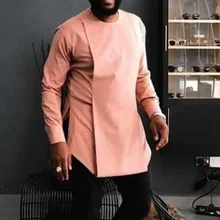 

Muslim Men's Solid Color T-shirt Chilaba Casual Long-sleeved Round Neck Shirts African Clothing Fashion Dashiki Tee Shirt Male