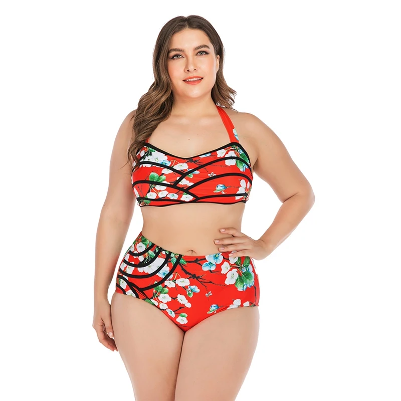 

Women Tankini Floral Halter Top High Waist Bikini Swimwear Lady Wire Free Padded Bra Plus Size Swimsuit Beach Suit