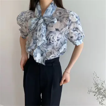 

2020 New Arrivals Floral Print Lace-up Summer Shirt for Ladies V-neck Puff Sleeve Female Blouses Vintage Chic Women's Tops