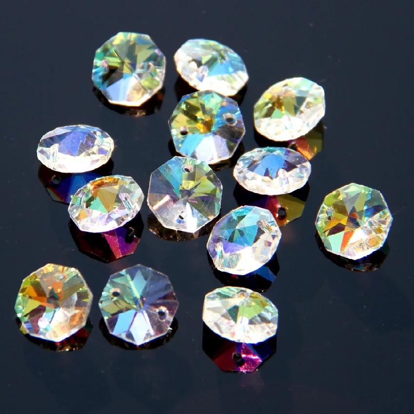100PCS 14MM AB AAA 2 HOLE CLEAR OCTAGON CRYSTAL GLASS BEADS
