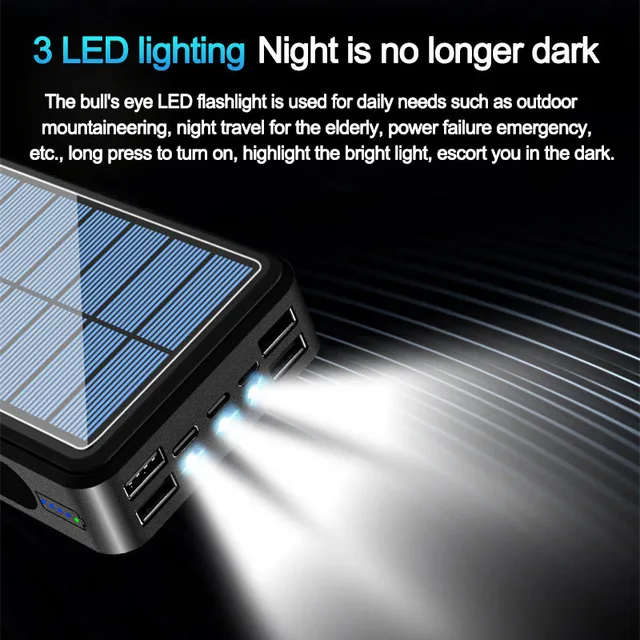 80000mAh High Capacity Solar Power Bank Camping Light Powerbank Solar Charger with 4USB Ports External Battery for Xiaomi IPhone 5