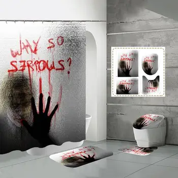 

Bathroom Mat Shower Curtain Set Waterproof 3D Digital Printing Halloween Blood Handprint Scary Halloween Bathroom Decor
