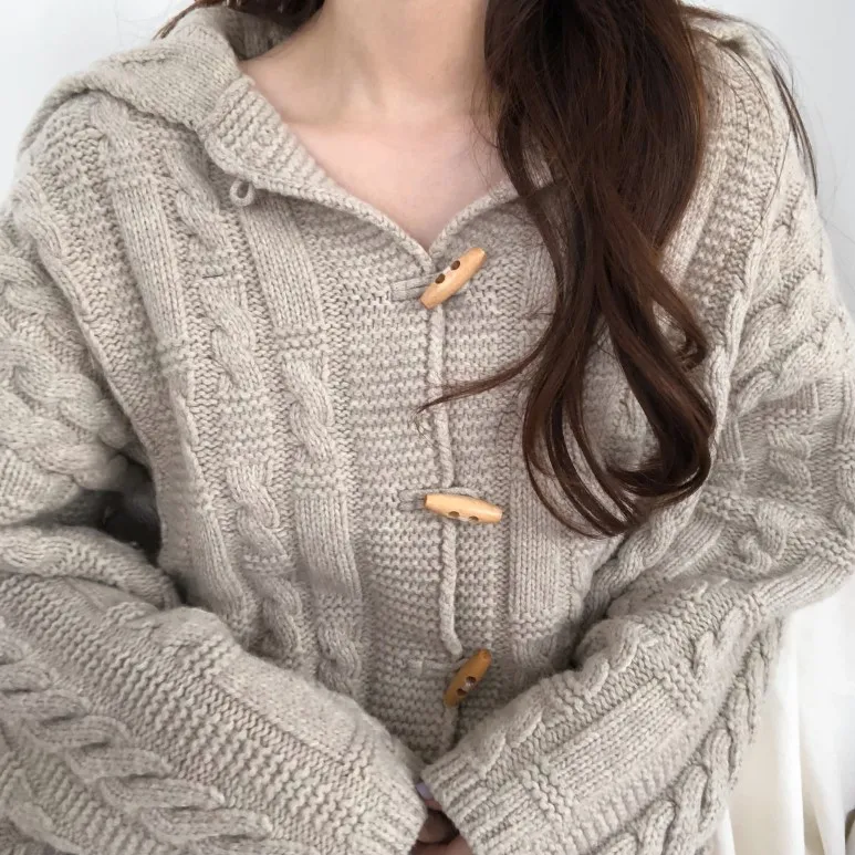 Женский вязаный кардиган с роговыми пуговицами, плотный теплый вязаный свитер Mori Girl, осенние зимние кардиганы, свитер