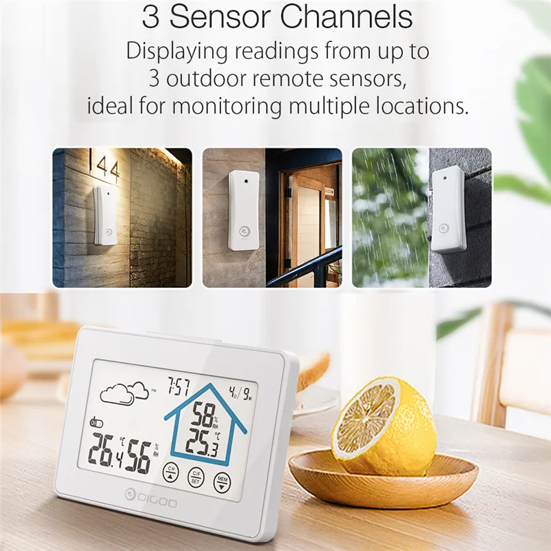 DIGOO DG-TH8380, метеостанция с сенсорным экраном, ежедневные часы, будильник с низкой батареей, термометр, гигрометр, датчик температуры и влажности