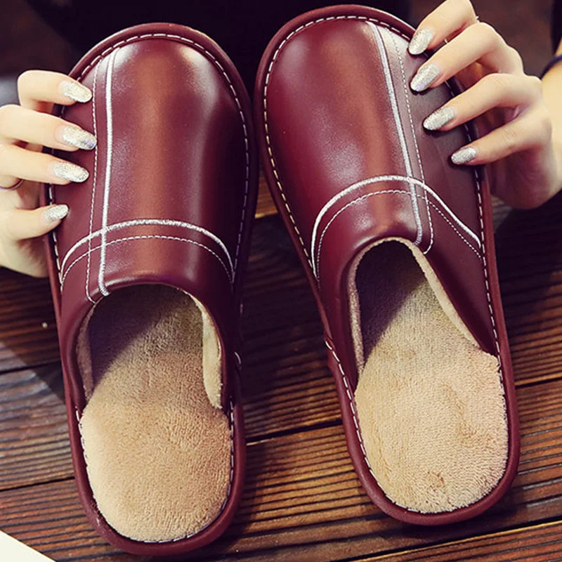 

Coslony Big size 45/46 unisex slippers leather indoor shoes men short plush slippers flat warm 2019 new winter men home shoes
