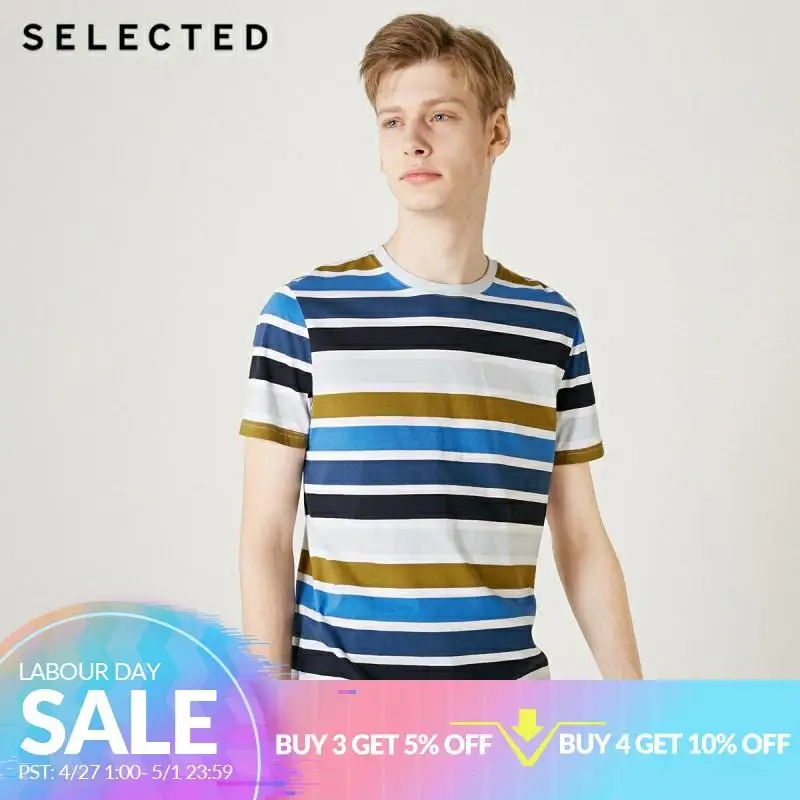 

SELECTED Men's 100% Cotton Striped Short-sleeved Contrast Stitching Casual T-shirt S | 419201513