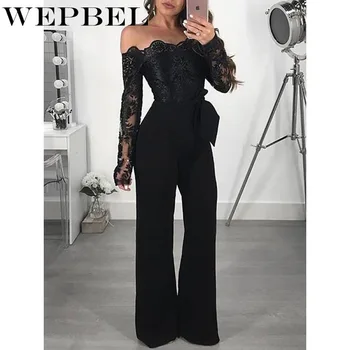

WEPBEL Rompers Women Jumpsuit Solid Slash Neck Strapless Off Shoulder Lace Bodysuit Sexy Club Casual Overalls Jumpsuits