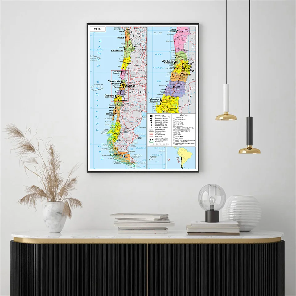 42*59cm Transportation Map of The Chile Political Map In French Small Poster Canvas Painting Travel School Supplies Home Decor