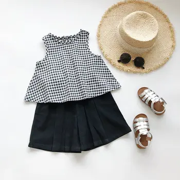 買取 西洋スタイル女子ワイド脚パンツスーツ子供服夏子供韓国スタイル格子縞のベストスーツ