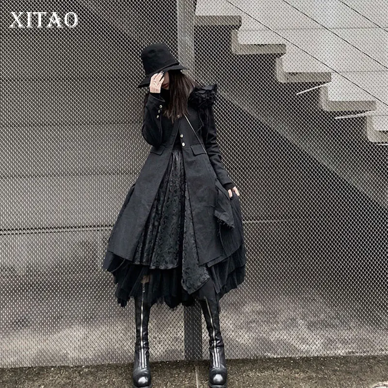 XITAO черный необычный тренч для женщин с одной грудью полный рукав богиня веер 2020