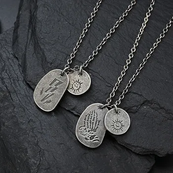 

Mens Necklace Vintage Pendant Double Sun Lightning Necklace Stainless Steel Chain Hip Hop Necklace Neck Jewelry