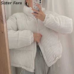 Sister Fara Winter Corduroy Cotton Jacket Coat Women Short Stand Collar Striped Loose Warm Down Jacket Female Parkas Down Coat