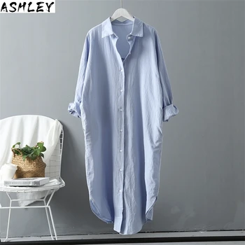 

Office Ladies Casual Shirts Korean Fashion Long Sleeve Women Blouses Cotton Linen Turn-Down Collar Tops Blue White Long Shirt