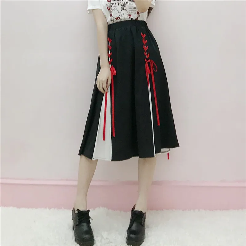 Женские летние плиссированные юбки, винтажная юбка-пачка с высокой талией, пэчворк, Harajuku, черные студенческие трапециевидные юбки средней длины