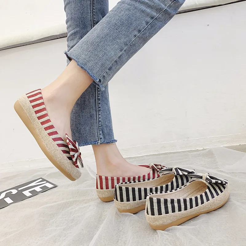 Fashion Canvas Flats Shoes 2020 Spring Autumn New Shallow Mouth Bow Slip On Stripe Soft Shoe Comfortable Womens Flat Shoes