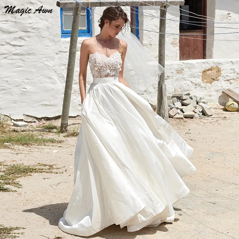 

Magic Awn Graceful Boho Sweetheart Wedding Dresses 2021 3D Appliques Beach A-Line Bridal Gowns With Pockets Customized Robes