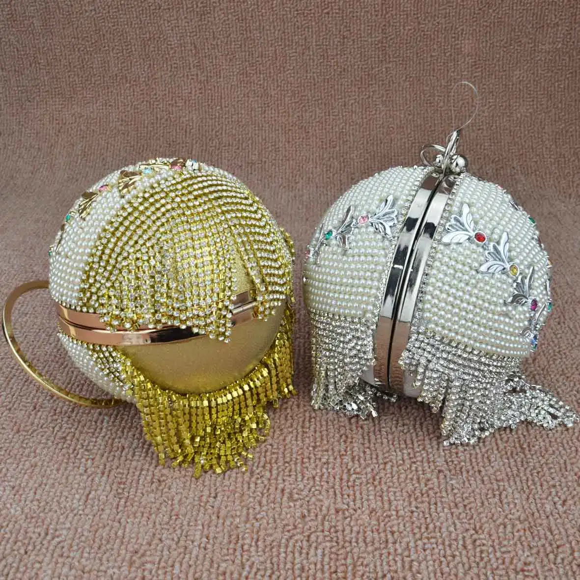 Fashion Luxury Ball Designer Wristlets Evening Bags Golden Silver Crystal tassel Pearl Handbags Circular Clutch Bags